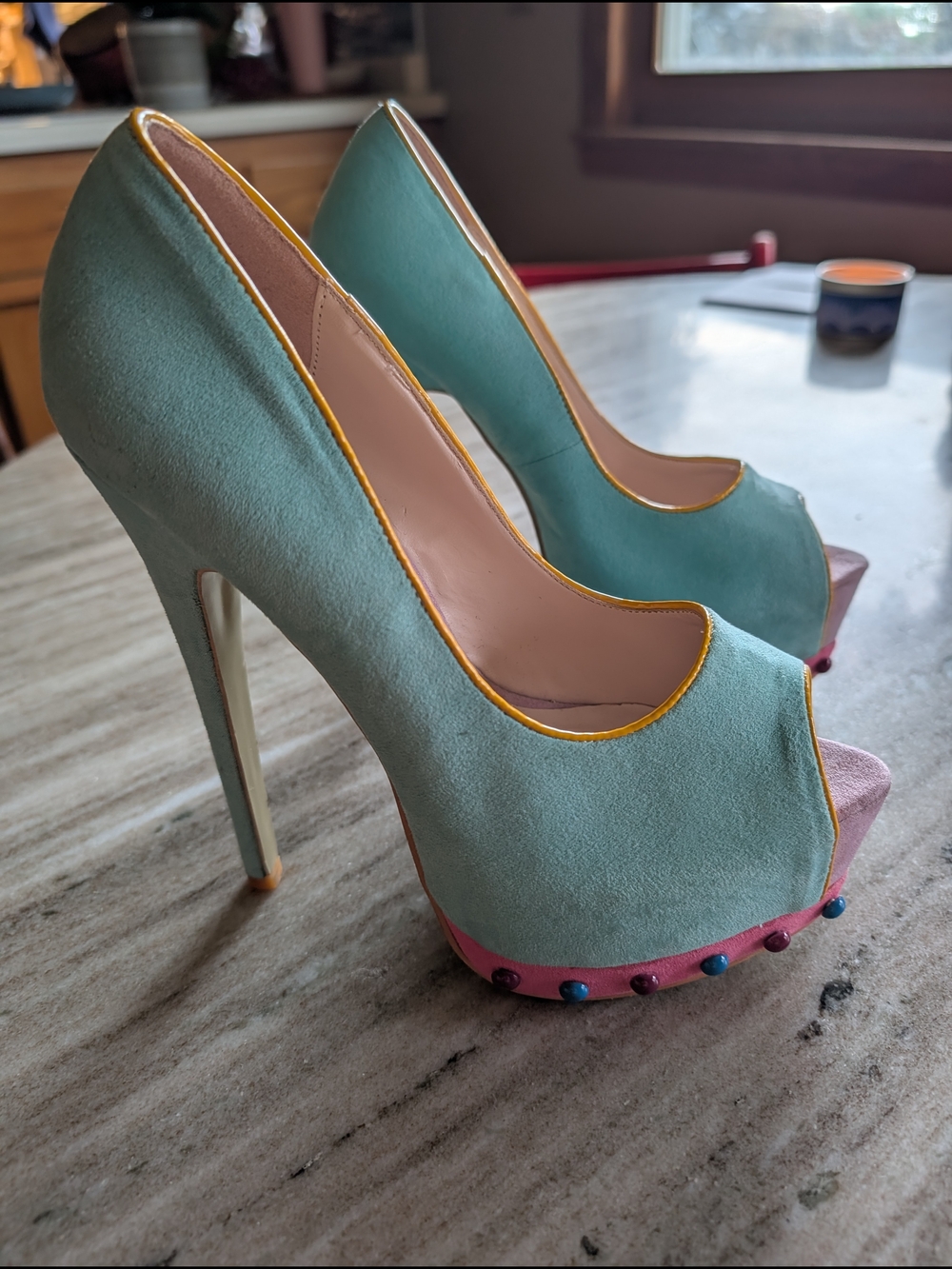Shoedazzle Women’s Teal Suede Peep-Toe Platform Heels with Pink Accent - 8